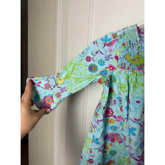 Marmellata Blue Pink Floral Bell Sleeve Ruffle Smocked Bird Dress Size 6 - Picture 8 of 8